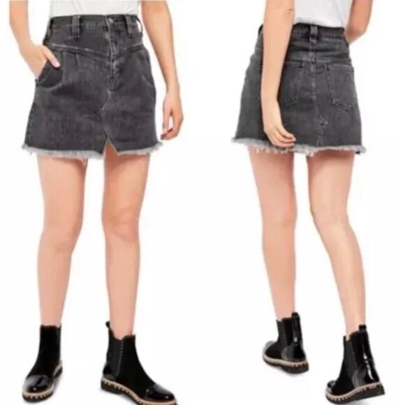 Free People We The Free Sidecar Distressed Black Denim Mini Skirt - Picture 1 of 11